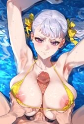 1girls ai_generated big_breasts big_penis bikini black_clover blush boobjob breasts chocopizza hi_res huge_breasts huge_cock large_breasts looking_at_viewer micro_bikini noelle_silva paizuri penis pov purple_eyes shiny_skin silver_hair skimpy smile sweat titjob twintails wet wet_skin