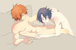 2boys arm_support bed beige_background blue_hair closed_eyes couple ebkokko fellatio gay hand_on_another's_head ichinose_tokiya ittoki_otoya kneeling looking_at_another lying male male_only male_pubic_hair multiple_boys nipples nude on_back oral pillow profile pubic_hair red_eyes red_hair short_hair simple_background sketch smile testicles toned uta_no_prince-sama yaoi