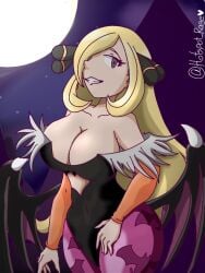 blonde_hair breasts cleavage cosplay covered_navel creatures_(company) cynthia_(pokemon) darkstalkers female game_freak grey_eyes hair_over_one_eye hotspot_rage large_breasts leotard long_hair looking_at_viewer mature_female milf morrigan_aensland morrigan_aensland_(cosplay) nintendo pokemon pokemon_champion pokemon_dppt skimpy_clothing skin_tight smile solo tagme wings