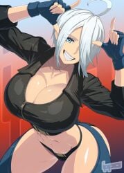 1girls angel_(kof) bangs_over_one_eye bending_forward bent_forward big_ass big_breasts blue_eyes breasts cleavage crotchless_clothes cute fingerless_gloves gloves hips huge_breasts ippo jacket king_of_fighters large_breasts light-skinned_female light_blue_eyes light_skin looking_at_viewer midriff pale-skinned_female pale_skin pants short_hair smile smiley_face smiling_at_viewer snk solo solo_female thick thick_thighs thighs white_eyes white_hair wide_hips