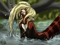 absurd_res ailurid anthro blonde_hair breasts dreyk-daro female fluffy fluffy_tail fur hair hi_res kasumi_(dreyk-daro) long_hair mammal nipples partially_submerged red_panda smile solo swimming tail tongue tongue_out water wet