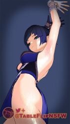 armpits arms_above_head arms_up blue_hair dab_neko exposed_armpits female female_focus female_only genshin_impact gloves green_eyes short_hair tableflipnsfw yelan_(genshin_impact)