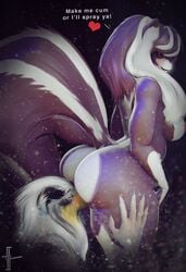 3d anthro ass breasts canine dogson female fur male mammal mixed_media mustelid nude oral plain_background purple_fur rough_collie sex skunk tongue