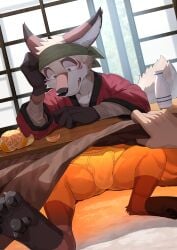 absurd_res accessory agitongunohoken agitoryuusaki alcohol amorey anothereidos_of_dragon_vein_r anthro asian_clothing beverage briefs bulge clothing east_asian_clothing food fruit headband hi_res japanese_clothing japanese_door male orange_(fruit) pawpads paws plant sake solo tighty_whities under_the_table underwear white_briefs white_clothing white_underwear