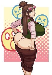 1girls ass big_ass big_breasts blue_eyes breasts brown_hair bubble_butt caked_up dat_ass fat_ass glasses green_eyes huge_ass huge_breasts large_breasts long_sleeves pawg putting_clothes_on smalflp_(artist) struggling_to_fit sweatdrop thick_thighs tight_clothing