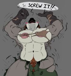 2026 abs american_badger anthro badger belt big_claws big_pubes blush bodily_fluids body_hair button_(fastener) button_pop claws clothing colored drooling female fur green_clothing grey_body grey_fur growth hair happy_trail helen_harrison low-angle_view mammal muscle_growth muscular muscular_female mustelid musteline navel nipples open_belt pink_nipples pubes red_hair saliva sharp_teeth solo straining_buttons tan_clothing teeth thebadgesketcher torn_clothing wardrobe_malfunction white_body white_fur