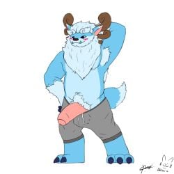 blush clothing demi_owo erection fur genitals hi_res league_of_legends male male_only penis riot_games simple_background smile solo tail tencent willump_(lol) yeti