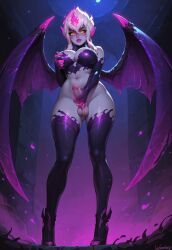 ai_generated blindparty civitai evelynn futa_only futanari league_of_legends masturbation nudity partially_clothed_futanari penis pink_fire purple_background solo white_hair wings yellow_eyes