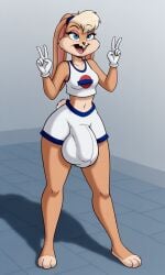 ai_generated big_bulge big_dick big_penis bulge cheerleader cheerleader_outfit cheerleader_uniform erection_under_clothes futanari gloves lola_bunny mouth_open peace_sign tagme two_piece wide_hips