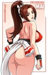 arm_guards artist_name ass back bare_shoulders breasts brown_eyes brown_hair character_name commentary copyright_name english_commentary fatal_fury female from_behind grin high_ponytail king_of_fighters looking_back mai_shiranui ninja obi parted_bangs patreon_username pelvic_curtain photoshop_(medium) ponytail revealing_clothes rope sano-br sash sideboob smile solo thighs watermark web_address