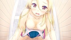 areolae bath blonde_hair blush breasts breasts_out censored female game_cg highres honjou_masato koinaka:_koinaka_de_hatsukoi_×_nakadashi_sexual_life legs long_hair looking_at_viewer medium_breasts nipples open_mouth sex shower sitting sitting_on_person swimsuit thighs vaginal_penetration water wet