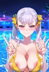 1girls ai_generated big_breasts big_penis bikini black_clover blush boobjob breasts chocopizza double_v hi_res huge_breasts large_breasts looking_at_viewer micro_bikini noelle_silva paizuri peace_sign penis purple_eyes shiny_skin silver_hair skimpy smile sweat titjob twintails v wet wet_skin