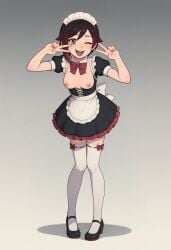 ai_generated gradient_hair grey_eyes happy knees_together_feet_apart maid medium_breasts nipples one_eye_closed peace_sign redbreadalt ruby_rose rwby thighhighs