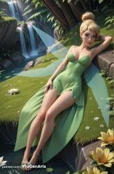 1girls ai_generated arm_behind_head armpits artist_name bare_legs bare_shoulders blonde_hair blue_eyes breasts cleavage disney dress fairy fairy_wings flower full_body grass green_dress hair_bun hi_res lily_pad lips looking_at_viewer lying medium_breasts nature nose outdoors patreon_username peter_pan_(disney) ponytail r34arts sandals single_hair_bun solo strapless strapless_dress tinker_bell toes tree water waterfall watermark web_address wings