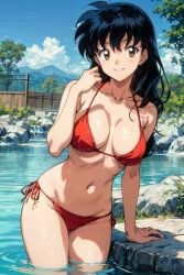 1girls ai_generated anime_style bikini black_hair brown_eyes curvy curvy_figure female inuyasha kagome_higurashi long_hair looking_at_viewer medium_breasts nature onsen red_bikini self_upload smile solo solo_focus stable_diffusion tagme