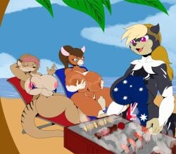 anthro applying_sunscreen apron apron_only areola areola_slip australian_flag australian_flag_bikini barbecue_grill beach big_breasts bikini blonde_hair blue_eyes breast_grab breasts brown_hair brown_nipples clothed clothing conditional_dnp dasyuromorph digital_media_(artwork) extinct female flag_bikini fondling fur group hair hand_on_breast huge_breasts kangaroo macropod mammal marsupial micro_bikini mostly_nude multicolored_hair nipple_dip nipples open_mouth outside pink_areola pink_eyes pink_hair pink_nipples recently_extinct_species seaside self_fondle skimpy smile string_bikini suirano sunscreen swimwear thylacine topless under_boob wardrobe_malfunction