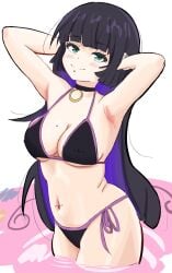 armpits arms_up belly_button belly_button_piercing big_breasts bikini blush bocchi_the_rock! breasts choker hips looking_at_viewer midriff mole_on_breast nipple_bulge nipple_piercing pa-san smile thick_thighs thighs treepxiv