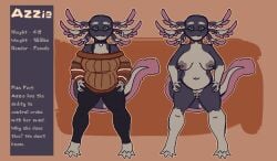 amphibian anthro axolotl azzie_(darkeve) big_breasts breasts clothing collar darkeve ear_piercing ear_ring genitals green_eyes gynomorph intersex leggings legwear marine model_sheet mole_salamander nipple_piercing nipples nude penis piercing purple_body ring_piercing salamander slightly_chubby small_penis solo thick_thighs trans_(lore) trans_woman_(lore)