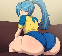 1boy ass ass back_view big_ass big_butt blue_hair booty_shorts bottom_heavy bubble_ass bubble_butt caked_up clothed clothing dat_ass dumptruck_ass fat_ass femboy girly huge_ass ichirouta_kazemaru inazuma_eleven_(series) large_ass long_hair looking_at_viewer looking_back lustylewdz male male_only ponytail short_shorts sitting soccer soccer_uniform thick_thighs wide_hips