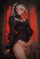 ai_generated blindparty bottomless clothing dick dickgirl dress functionally_nude functionally_nude_female futanari goth goth_girl gothic hard_on jewelry no_panties no_underwear nudity penis red_eyes vampire vampire_costume vampire_girl white_hair