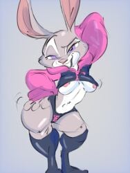 areola_slip arm_behind_head breasts disney etching175 female fur hand_on_hip judy_hopps meme_clothing motion_lines paggi_outfit rabbit thick_thighs wide_hips zootopia