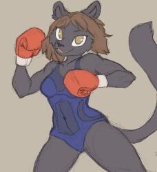 anthro black_fur boxing boxing_gloves brown_hair chamma_retsuden commission female female_focus female_only furry furry_female furry_only fursona original original_art original_artwork panther panther_girl pantherine pantherine_humanoid red_boxing_gloves wonder_jezy_(wonderjezy) wrestling_outfit wrestling_singlet