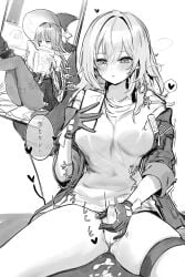 2girls absurdres blush book breasts bulge cellphone cellphone_photo dress erection erection_under_clothes futanari futanari_masturbation greyscale hair_between_eyes hand_up harin_05 hat heart herta_(honkai:_star_rail) highres holding holding_book holding_phone honkai:_star_rail honkai_(series) jacket large_breasts long_hair long_sleeves masturbation monochrome multiple_girls open_book open_clothes open_jacket pantyhose phone precum precum_through_clothes shirt sitting smartphone speech_bubble spoken_heart stelle_(honkai:_star_rail) the_herta_(honkai:_star_rail) thigh_strap trailblazer_(honkai:_star_rail) translation_request witch_hat