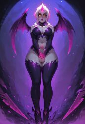 ai_generated blindparty civitai evelynn futa_only futanari league_of_legends masturbation nudity partially_clothed_futanari penis pink_fire purple_background solo white_hair wings yellow_eyes