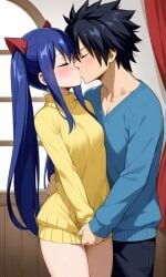 ai_generated black_hair blue_hair fairy_tail gray_fullbuster kissing sexy_body wendy_marvell