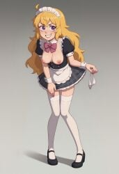 ahoge ai_generated holding_panties knees_together_feet_apart large_breasts maid nipples panties purple_eyes redbreadalt rwby smile yang_xiao_long yellow_hair