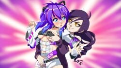 2girls blue_eyes breast_grab crotch_rub female patreon projektmelody purple_hair smile surprised zone zone-tan