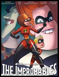 cameltoe comic comic_cover dash_parr disney elastigirl english english_text female helen_parr jab jab_comix latex latex_suit male mother mother_and_son nipple_bulge pixar straight_hair the_incredibles