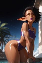 ai_generated bikini bottom_heavy bottom_heavy_female cloud dark-skinned_female goblin goblin_ears goblin_female lipstick nipple_bulge oc original_character pinup pixie_cut resort shiny_skin side_view slim_waist thick_thighs wet wet_body wide_hips yellow_eyes zfapai zuzka_liklik