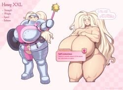 1girls abstract_background armor ass bimbo blonde_hair blush breasts_bigger_than_head censored english_text enormous_breasts female female_only gameplay_mechanics gandg hi_res honey_(gandg) huge_breasts human light_skin long_hair mace muscular muscular_female muscular_legs nude nude_female original pink_background self_conscious shield skindentation speech_bubble talking_to_viewer text text_box thick_thighs thighs twintails very_long_hair voluptuous voluptuous_female