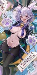 :3 bayun1234 bell bunny_ears bunnysuit cat_ears cat_paws clock duel_monster facial_marking hair_ribbon large_breasts maliss_p_cheshire_cat maliss_p_chessy_cat playing_card see-through_clothing stomach unusual_tail yu-gi-oh!