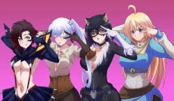 4girls black_cat_(cosplay) blake_belladonna ciri_(cosplay) clothed_female half-dressed half_naked half_naked_female kill_la_kill maikbeelzebub marvel marvel_comics matoi_ryuuko_(cosplay) pose posing purple_eyes ruby_rose rwby silver_eyes team_rwby the_legend_of_zelda the_witcher_(series) the_witcher_3:_wild_hunt weiss_schnee yang_xiao_long yellow_eyes zelda_(breath_of_the_wild)_(cosplay)