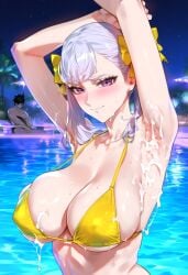 1girls ai_generated armpits arms_up big_breasts bikini black_clover blush breasts chocopizza cum cum_on_armpit hi_res huge_breasts large_breasts micro_bikini noelle_silva purple_eyes shiny_skin silver_hair skimpy sweat twintails wet wet_skin