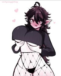 belly black_hair blushing blushing_female blushing_profusely elf elf_ears elf_female elf_girl fishnet_legwear fishnet_stockings fishnets fluffy_hair holding_breast holding_up_breasts long_black_hair mistysnugglebug moonbunnz_(artist) sleepy_(mistysnugglebug) smooth_belly tongue_out top_heavy