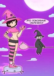 1girls airpods choker crop_top female fishnet_armwear kotamota meme miniskirt russian russian_text short_hair thong_straps translation_request underboob visible_underwear witch witch_costume witch_hat