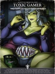 adeptus_ridiculus chaos_(warhammer) cleavage doritos english_text gamer_girl great_unclean_one green_skin horns large_breasts long_hair nurgle poster ps4_controller sharp_teeth shorts tagme text warhammer_(franchise) warhammer_40k white_hair