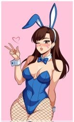 breasts brown_hair bunny_ears bunnysuit d.va female female_only fishnet_legwear fishnet_pantyhose fishnets heart one_eye_closed overwatch pink_background solo tagme wink woomy1010