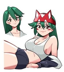 blizzard_entertainment green_hair kiriko_(overwatch) kiriko_kamori laying_down long_hair looking_at_viewer overwatch overwatch_2 seductive selvish94 shorts smiling_at_viewer topwear underwear yellow_eyes