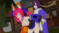 2girls 3d animal_ear animal_ears animated areolae bouncing_breasts breasts devilscry duo erection fate/extra fate/grand_order fate_(series) feet female fox fox_ears fox_girl hairbow horns humanoid japanese_clothes kimono kitsune long_hair long_sleeves nipples no_sound nude open_mouth penis pink_hair pussy sex_toy short_hair shuten_douji_(fate) small_breasts source_filmmaker strap-on tagme tamamo_no_mae_(fate) thighhighs toes toying_partner twintails vaginal_penetration video yuri