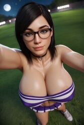 1girls 3d 3d_(artwork) ai_generated big_breasts black_hair cheerleader cheerleader_uniform choker cleavage crop_top glasses large_breasts lauren(oc) pleated_skirt radnsad short_skirt solo solo_female solo_focus thick_thighs tubetop