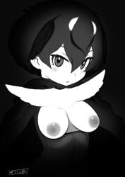 1girls :o bangs black_hair blush breasts clothing exposed_breasts female grayscale greater_lophorina_(kemono_friends) greyscale hair_between_eyes head_wings kemono_friends large_breasts long_sleeves looking_at_viewer masuyama_ryou medium_breasts nipples no_bra parted_lips short_hair solo sweater upper_body wings