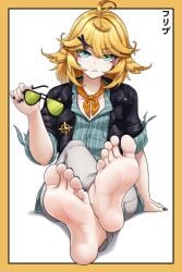 barefoot black_nails black_toenails blonde_hair crossed_legs dokibird efreezerarts eyewear_removed feet foot_fetish foot_focus freezer_(frzr/efreezerarts) frzr green_eyes indie_virtual_youtuber soles sunglasses toes virtual_youtuber vtuber