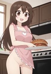 ai_generated brown_eyes brown_hair burger emily_sim emirichu food kitchen naked_apron plate pussy pussy_juice pussy_juice_drip serving_food tagme youtube youtuber