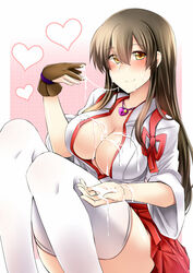 akagi_(kantai_collection) blouse breasts brown_eyes brown_hair choker cleavage cum cum_on_body female hakama japanese_clothes jewelry kantai_collection large_breasts long_hair ray83222 ring shiny_skin skirt smile thighhighs wedding_ring white_legwear