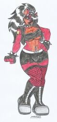 areolae_visible_through_clothing big_breasts big_hips black_hair boots crash_(series) crash_twinsanity earrings evil_coco fishnet_stockings gloves hair_over_one_eye hand_on_hip leather_jacket long_hair long_ponytail looking_at_viewer marlon64 navel_piercing nose_ring orange_fur pierced_nipples pierced_nose punk_girl red_body red_eyes red_fur short_skirt skull_earrings solo_female spiked_bracelets spiked_collar tattoo_on_arm topwear traditional_drawing_(artwork) white_background