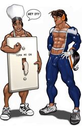 2boys abs artist_request balls_outline bara big_penis black_hair brown_hair cock_in_sock cosplay erection exposed_nipples flaccid_penis hands_on_hips hat human male male_nipples male_only masculine muscle muscles muscular_male pecs penis penis_outline penis_size_difference penis_under_clothes pointed_ears simple_background sneakers tight_clothing tufted_tail vpl white_background yaoi